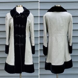 Vintage 70s Russian Princess Gray Leather Black Faux Fur Trim Toggle Coat Md